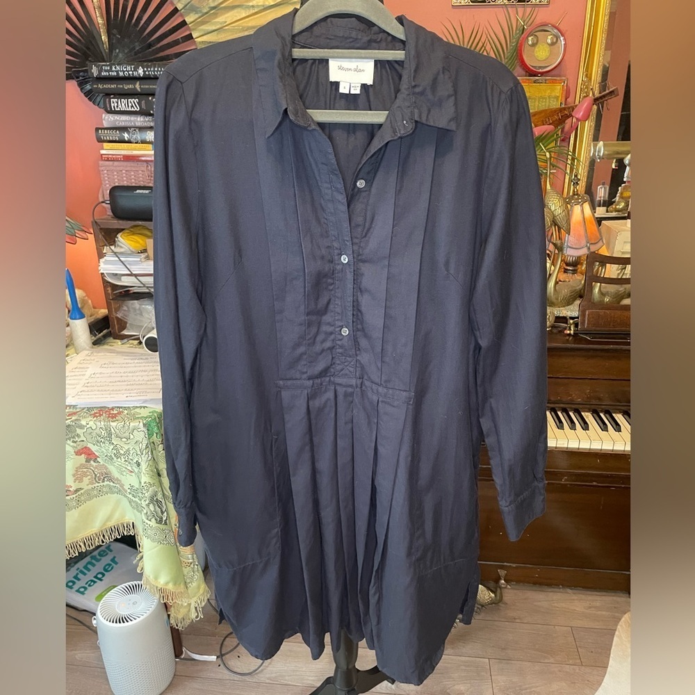 Steven Alan Dark Navy Pleated cotton Mini Shirt Dress Small Retail around $250